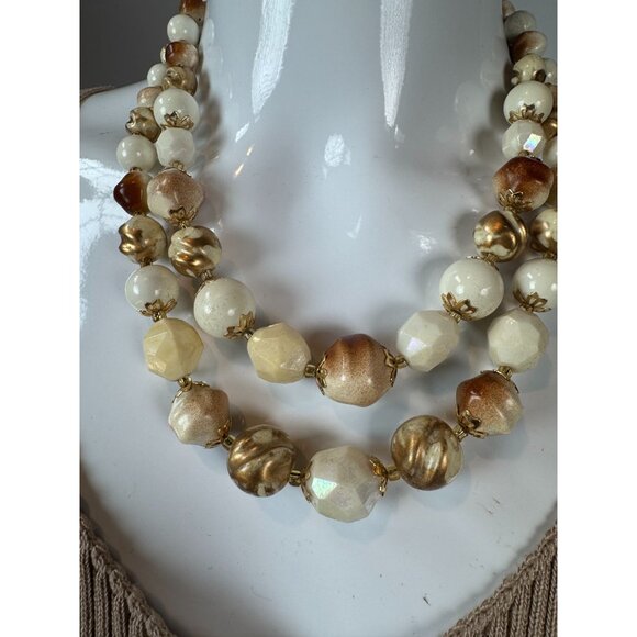 Vintage Multi-Strand Beaded Necklace Beige & Brown Tones Gold Accents Elegant De - Picture 1 of 16